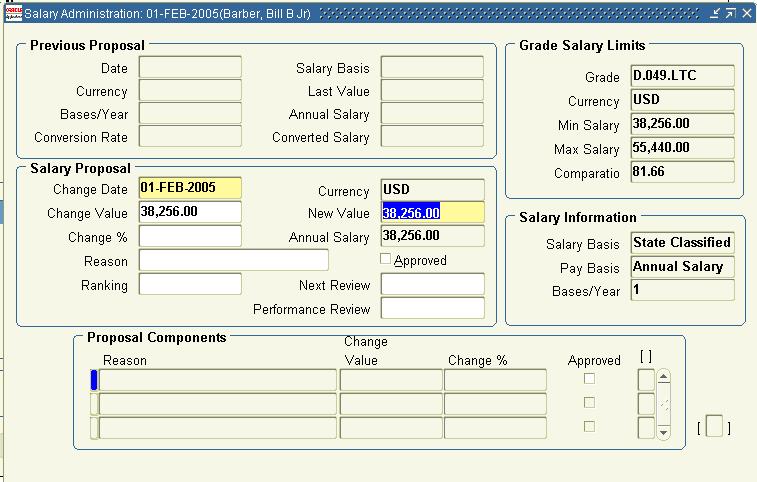 Completing Salary Information 3.34 Completing Salary Information 1. From the Assignment window, click the Salary button to open the Salary Administration window. 2.