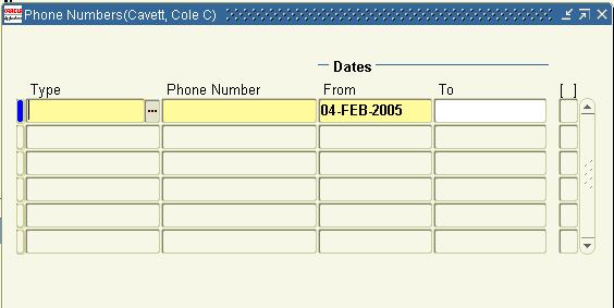 Completing Employee Telephone Information 3.44 Completing Employee Telephone Information 1. From the People window, click the Phones button. 2. In the Type field, enter Home. 3. In the Phone Number field, enter the home telephone number including area code.