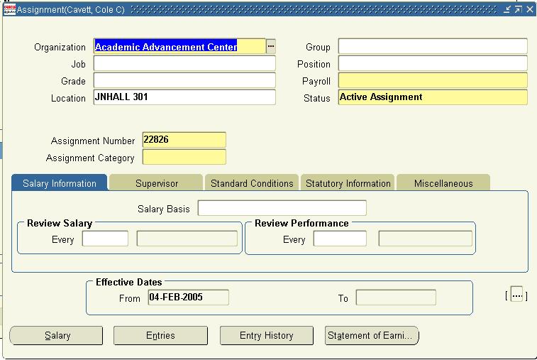 Completing Assignment Information 3.48 2. When the Assignment window displays, confirm two things: a. Ensure that the Organization field is populated with the correct department name.