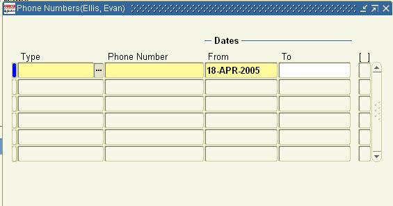 Completing Employee Telephone Information 3.75 Completing Employee Telephone Information 1. From the People window, click the Phones button. 2. In the Type field, enter Home. 3. In the Phone Number field, enter the home telephone number including area code.