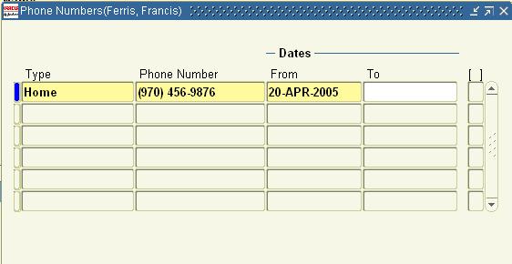Completing Employee Telephone Information 3.89 Completing Employee Telephone Information 1. From the People window, click the Phones button. 2. In the Type field, enter Home. 3. In the Phone Number field, enter the home telephone number including area code.