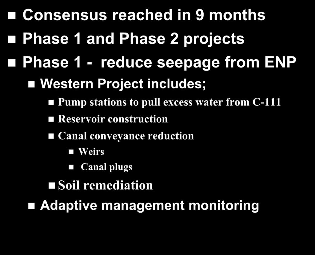 WRAC Workshop Results Consensus reached in 9 months Phase 1 and Phase 2 projects Phase 1 - reduce seepage from ENP Western Project includes; Pump
