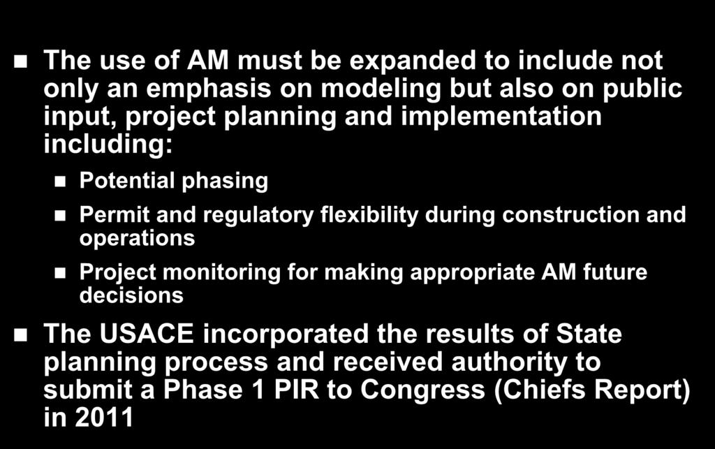 Summary The use of AM must be expanded to include not only an emphasis on modeling but also on public input, project planning and implementation including: Potential phasing Permit and regulatory