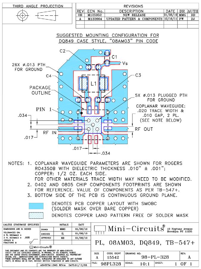 2.0 Layout Design The Mini-Circuits Model Datasheet specifies a PL layout drawing to be used with each model.