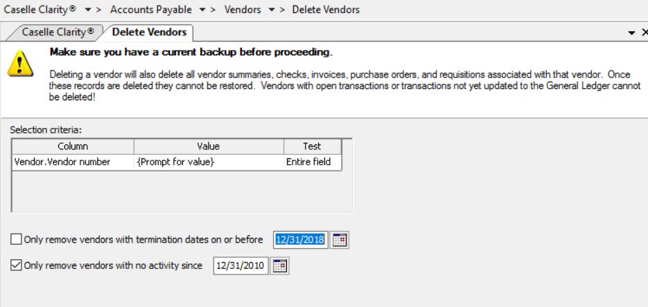 Step 18: Delete Vendors (optional) To delete vendors, follow these steps. This step is optional. This routine will delete vendors that have no history. 1. Open Clarity Accounts Payable > Vendors > Delete Vendors.