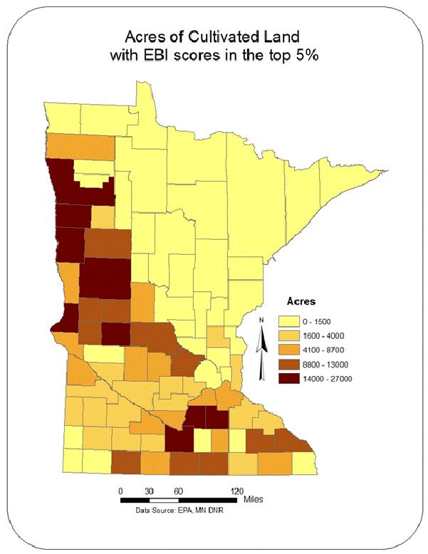 River Basin near St. Cloud, and in southeastern Minnesota. A total of 487,000 ac statewide is in the top 5% of EBI scores. Fig.