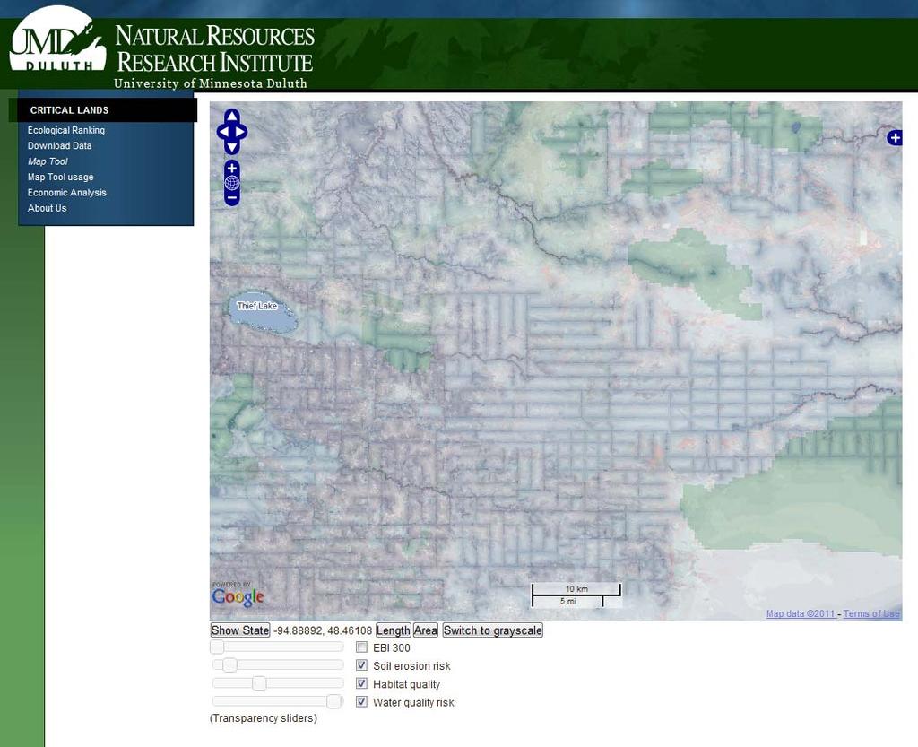 Fig. 12 Interactive map tool, showing detail of soil erosion risk (reds), water quality risk (blues), and habitat quality (greens) in an example area of northwestern Minnesota.