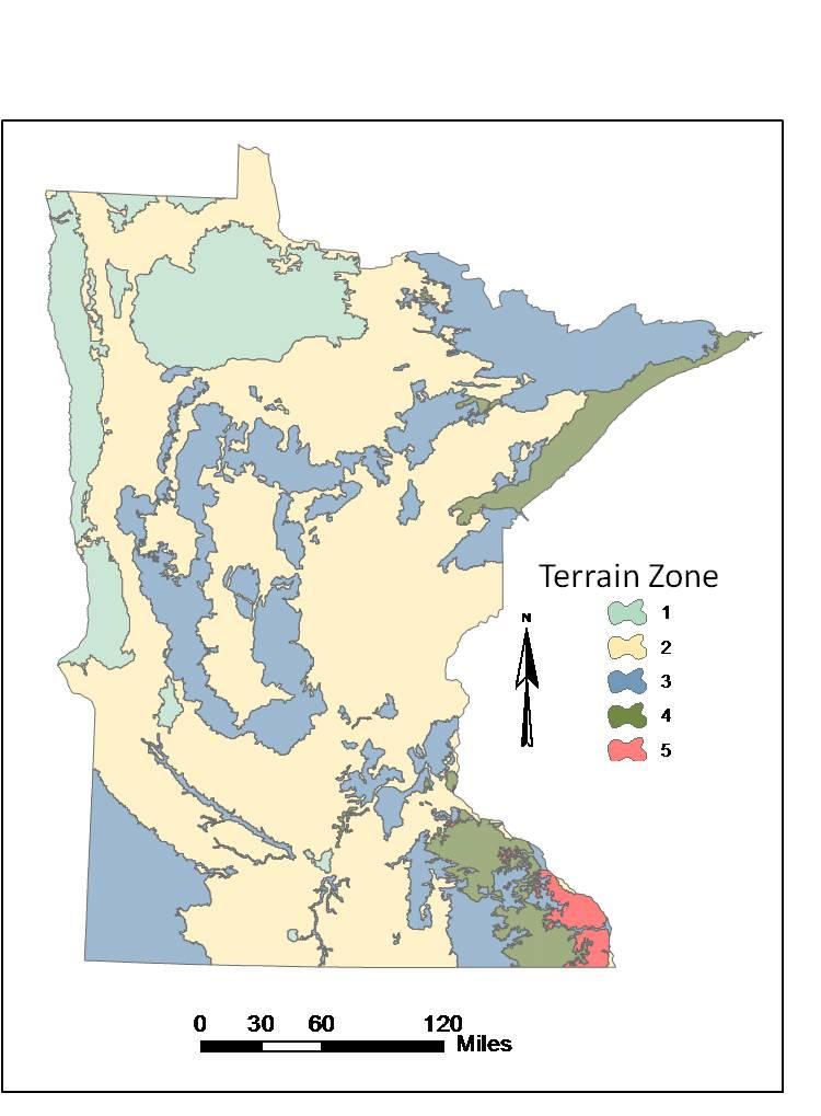 Fig. 3: Terrain zones used to stratify slope-related data statewide. The crop/vegetation and cover management factor (C) and support practice factor (P) were not used.
