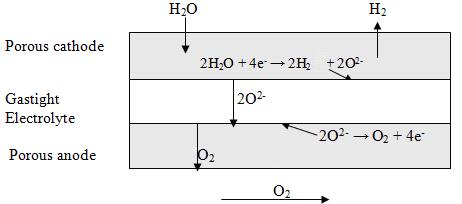 Figure 1. The combination of cathode, electrolyte and anode and the chemical reactions taking place at each for a SOEC.