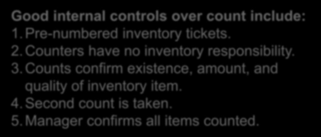 C2 INTERNAL CONTROLS AND TAKING A PHYSICAL COUNT 6-7 Most companies take a physical count of inventory at least once each year.