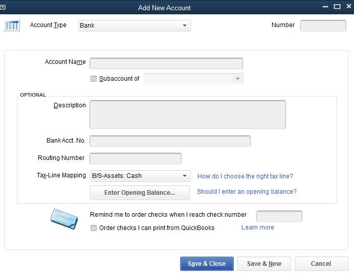 Topic 1: Work with the Chart of Accounts After the Account Type is selected, the New Account window appears.