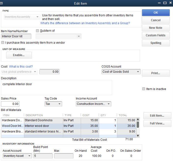 Topic 3: Special Item Types INVENTORY ASSEMBLIES In QuickBooks, Inventory Assembly items are most appropriate for indicating "light" assembled items.