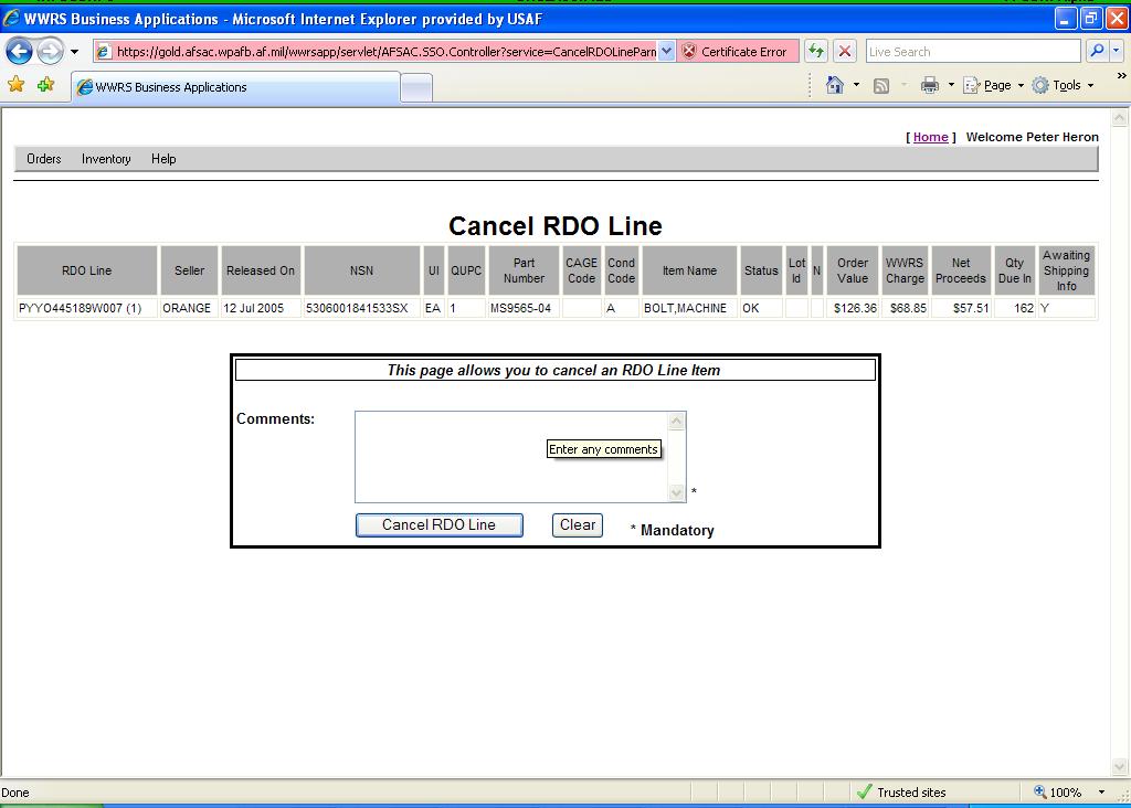 RDO Cancellation - If the RDO cannot be filled, then the seller will need to cancel the RDO by clicking the Cancel link next to the RDO to be cancelled.