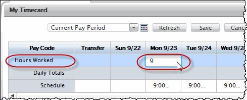 3. Click anywhere in the appropriate date cell. The amount field opens. 4. Type an amount (in hours and minutes). 5. Click Save.