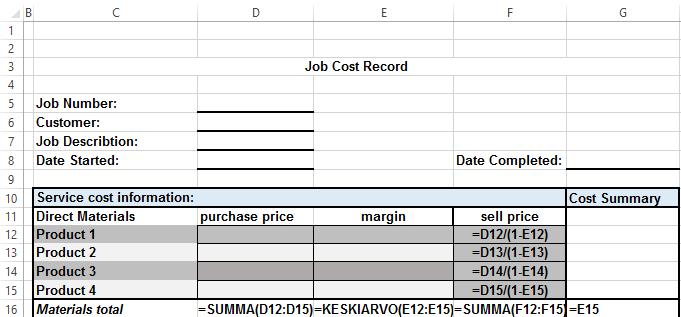 4 Designing the job costing tool and the user s manual Now when all the data for the tool is collected, the design work of the excel-based job cost record can begin (PT2).