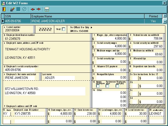 Step 2: Edit W-2 Form Data When you proceed to Step 2, the Edit W2 Forms sub-screen opens. This dialog box is a virtual representation of the W-2 form for the tax year you are currently processing.