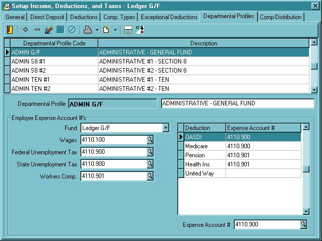 Departmental Profiles Tab This tab allows you to set up departmental profiles. A departmental profile is a set of general ledger account numbers.