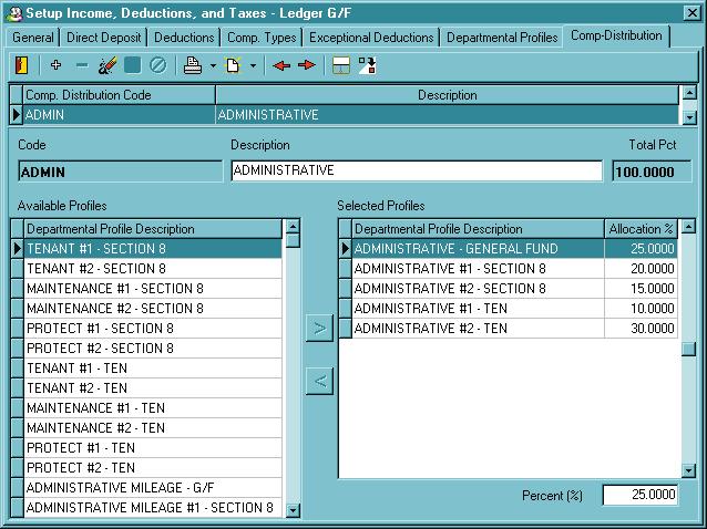 Comp. Distribution Tab This tab allows you to set up compensation distribution tables. A compensation profile is a group of departmental profiles linked together with percentage allocations.