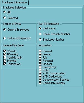 You can choose to have the report include either current employees or historical employees. You can also select specific pay codes, including only employees with those pay codes.