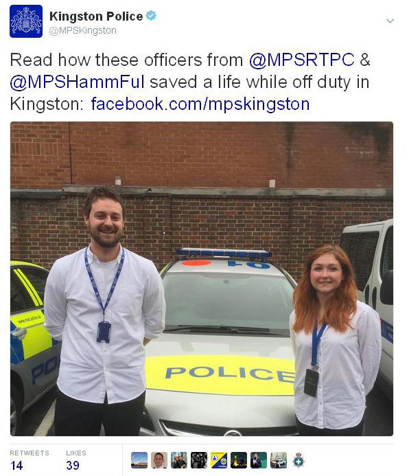 2. The Tweet: A tweet inviting people to read about a recent incident that took place whilst police were off duty.