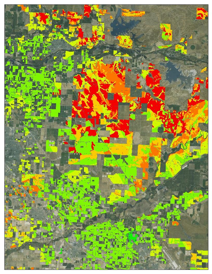 Results Almond-Specific Groundwater Recharge Suitability Zoomed In area east of Modesto showing diversity of suitability Detail of classification can be