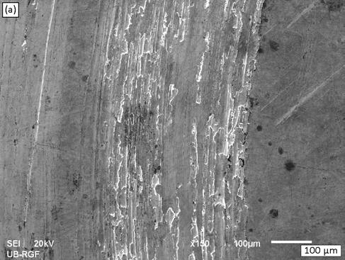 Figure 9 SEM images of Cu-Cr-Zr alloy worn surface: (a) entire wear track width and (b) detail 4.
