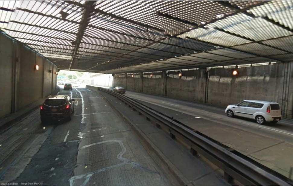 68-mile Caldecott Tunnel segment in California State Route 24, (b) west vehicle detection system installation and (c) east vehicle detection system installation out on-ramps or off-ramps, under free