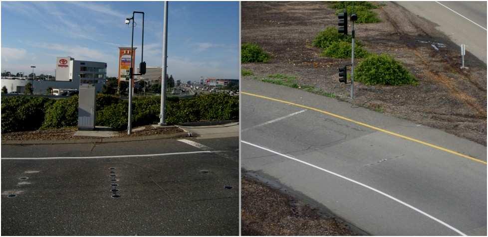 3: Photos showing (a) Hegenberger on-ramp entrance (bottom square) and exit (top square), (b) vehicle detection system installation at ramp entrance,