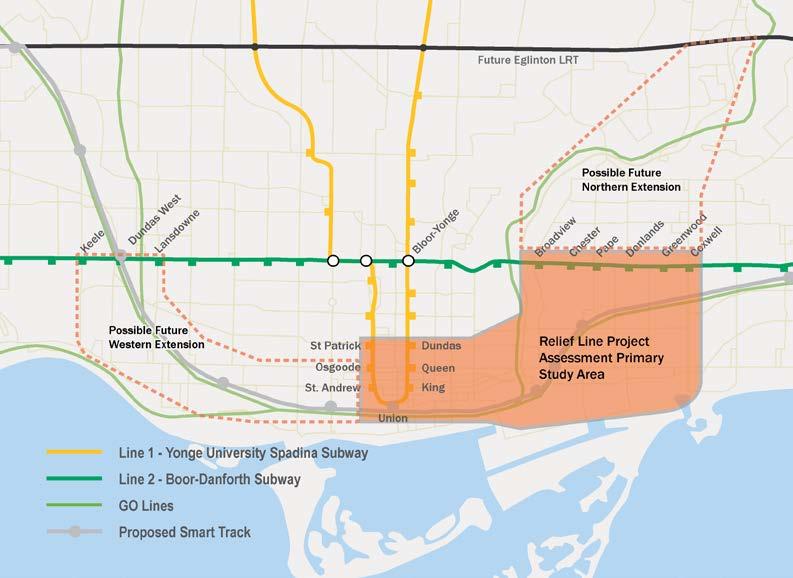 between downtown and Line 2 east of the Don River, could provide the greatest and most immediate benefit to relieving overcrowding on Line 1 (Yonge).