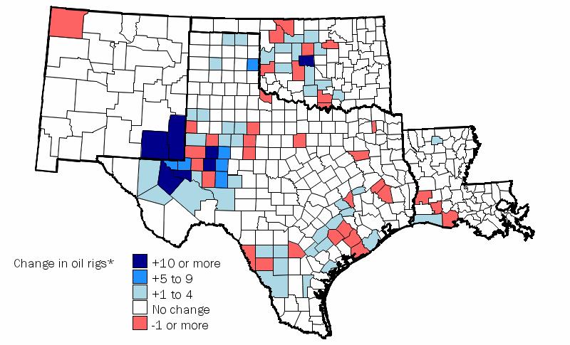 12-Month Oil Rig Change by County *Change in oil