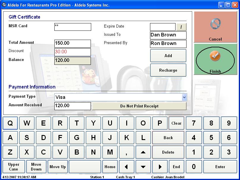 When the Aldelo POS Gift Certificate screen displays, enter the requested information in the appropriate fields.