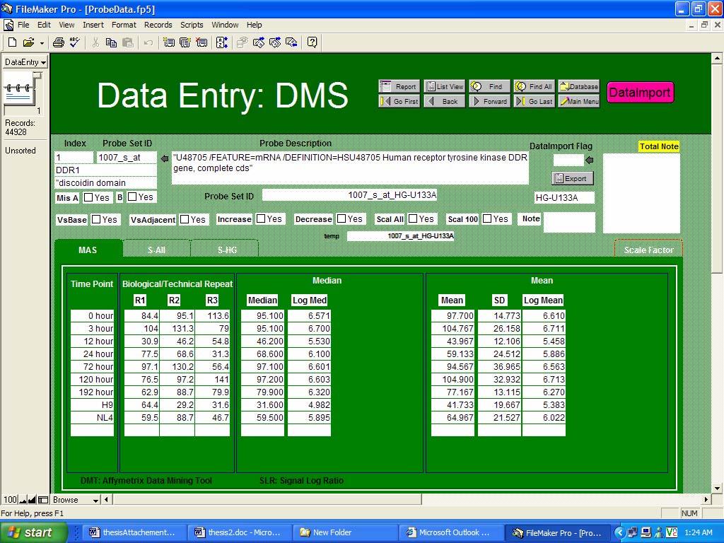 45 Figure 15. Screen shot of Probe Data. The layout contains the original data.