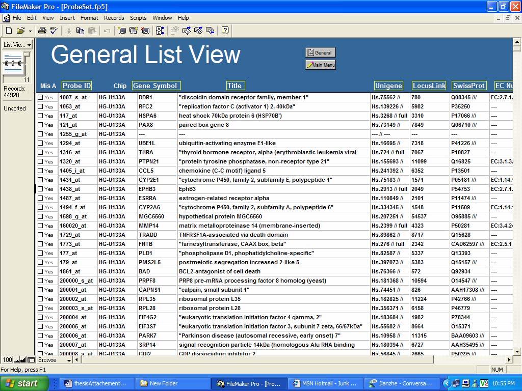 52 Figure 20. Screen shot of the layout of General List View in Probe-Set. This layout shows multiple records in one window under spread sheet form.