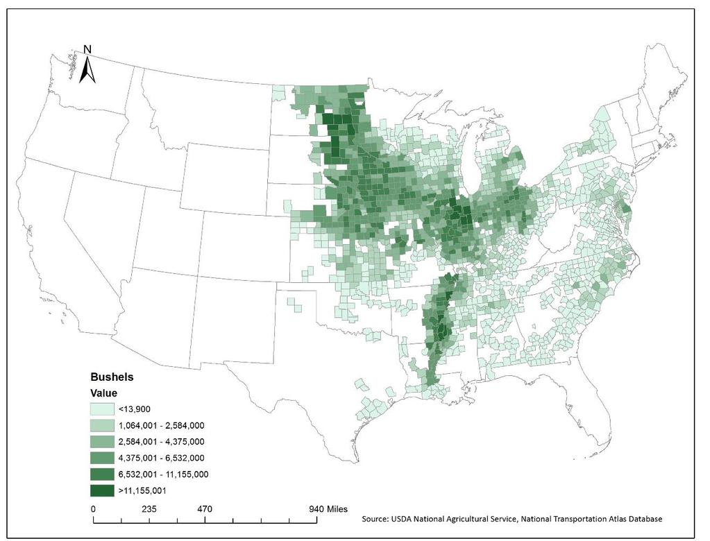 Figure 1 2015 Soybean Production Distribution by County 3.2 Soybean Transportation Modal Share Transportation plays a significant role in the versatility of the United States soybean market.