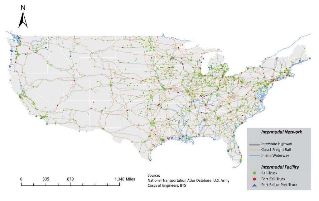 Figure 11 The United States Freight Transportation Network When compared to barge, rail is a more flexible mode of transportation for containerized soybean exports.