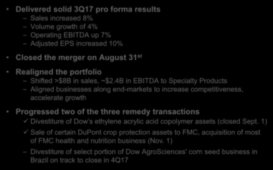 Highlights Delivered solid 3Q17 pro forma results Sales increased 8% Volume growth of 4% Operating EBITDA up 7% Adjusted EPS increased 10% Closed the merger on August 31 st Realigned the portfolio