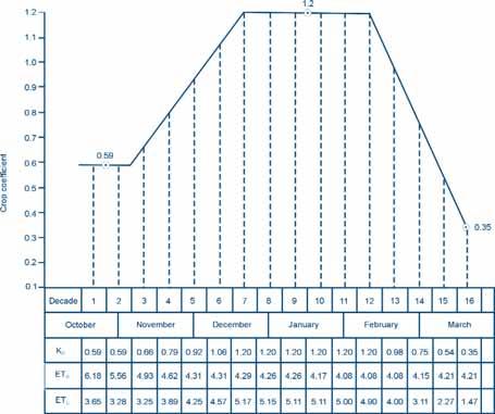 Irrigation manual Figure 23 Crop coefficient curve drawn for maize grown close to Kutsaga Research Station Table 22 Evapotranspiration of a maize crop on a decade by decade basis Decade Month ET o