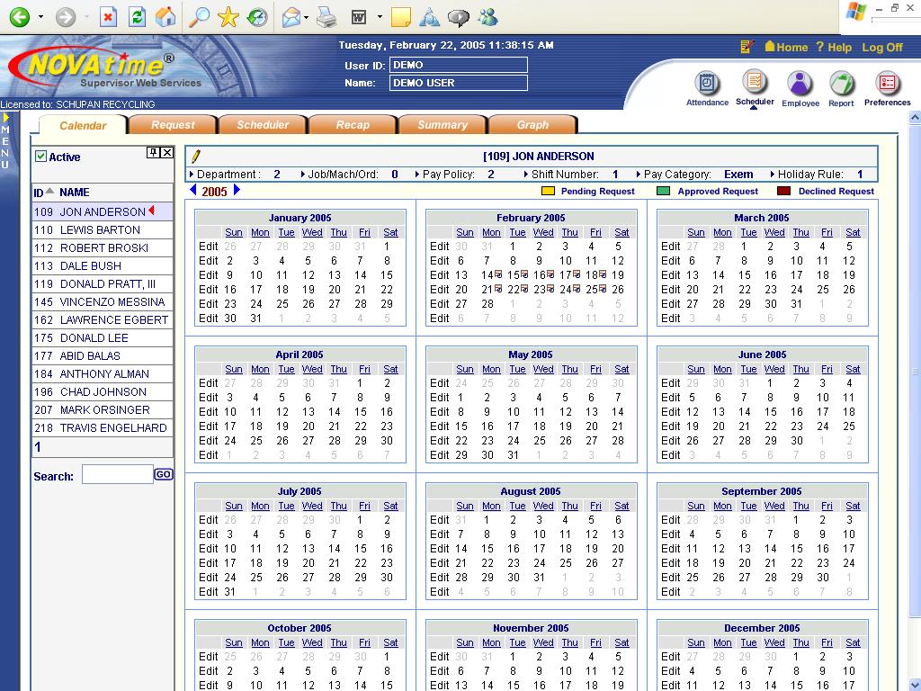 The Calendar Tab is used to quickly browse to see which of your employees have