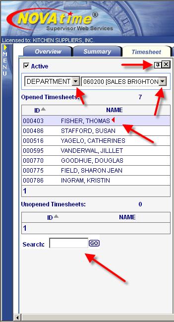 You have the ability to select any employee right from the timesheet screen. You can sort by all employees by their employee number, name or by the Department.