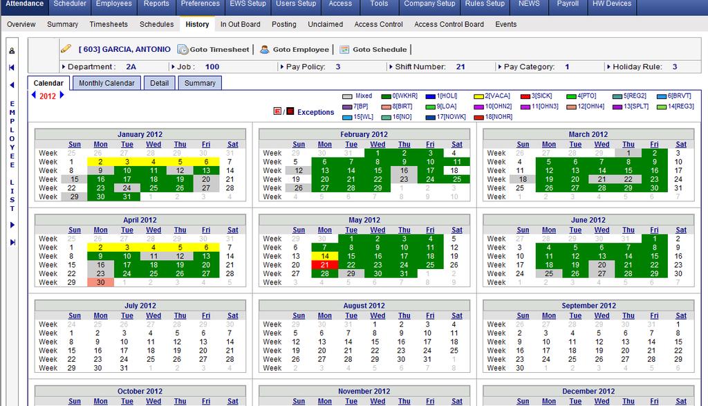 Attendance Category History Page Calendar Tab The Calendar tab in the History page provides a year at a glance calendar view of a single employee.