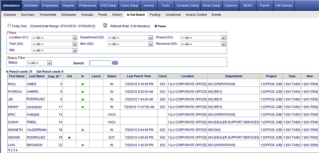 Attendance Category In/Out Board Page The In/Out Board tab provides a view of all employees (or a selected group) by status of IN,