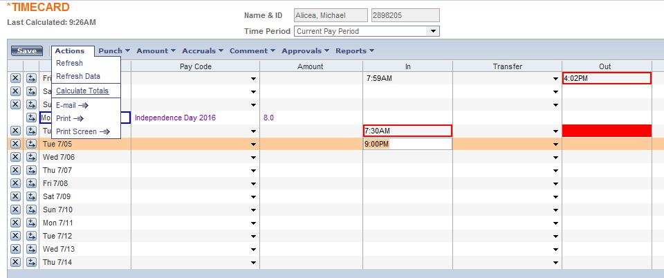 Back on the employee s timecard, click on the Actions drop-down and select Calculate Totals to ensure the time
