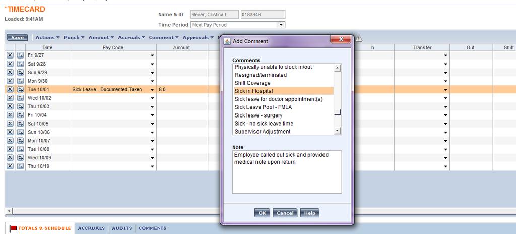 Adding Comments and Notes You may add notes and comments to the Amount, In, or Out fields. 1. Follow the instructions starting on page 7 to pull up the employee s timecard. 2.