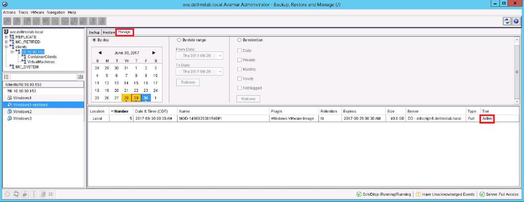 Avamar Administrator Backup & Restore screen shows backup as Active on the Manage tab.