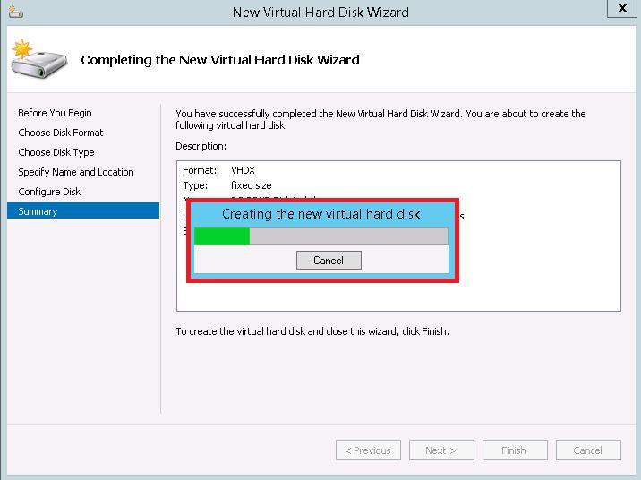 13. On the Completing the New Virtual Hard Disk Wizard screen, review the summary information and click Finish.