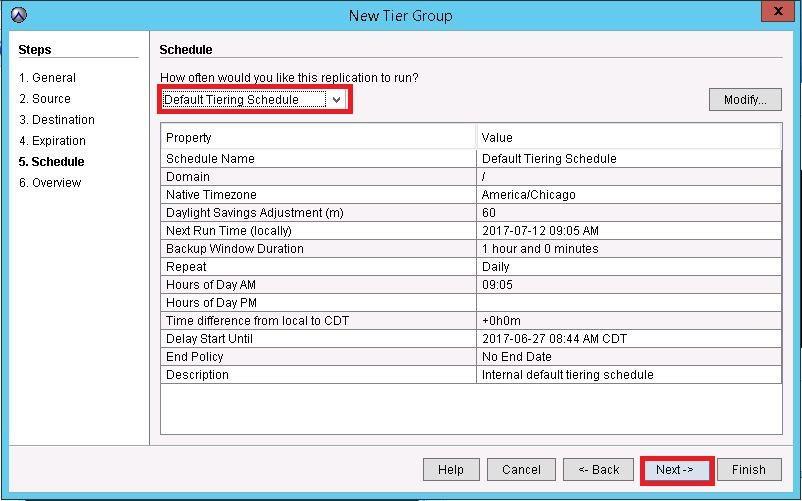 9. In the Schedule screen, select Default Tiering Schedule and then click Next.