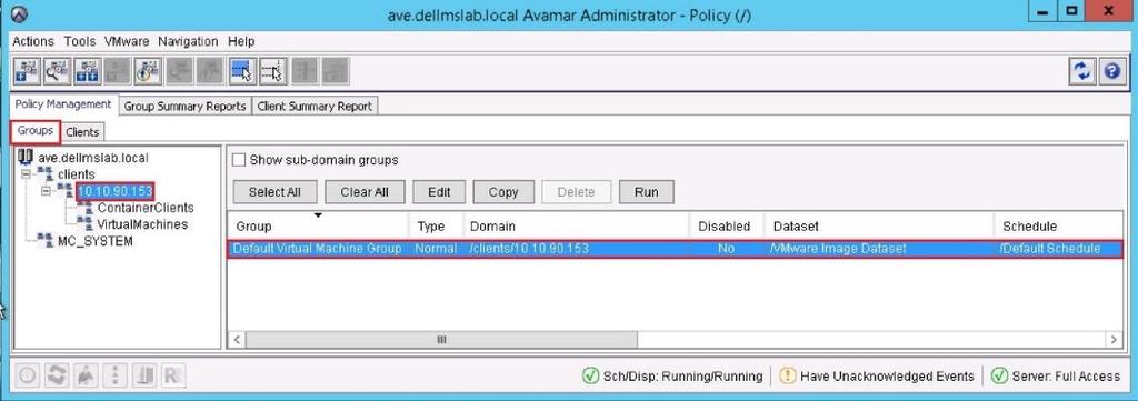 1. In Avamar Administrator, to enable the Default Virtual Machine Group for automated backups, click Policy. 2. In the left panel, on the Groups tab, select the VCenter (10.10.30.153).