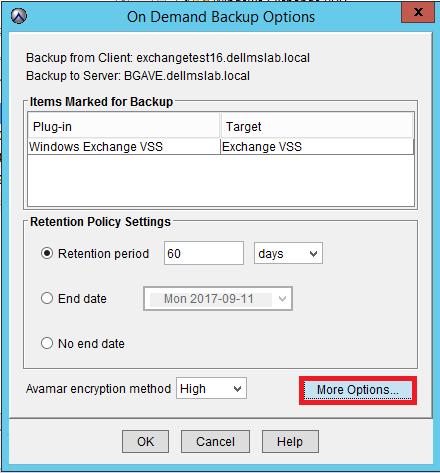 9. In the On Demand Backup Options dialog box, click on More Options.