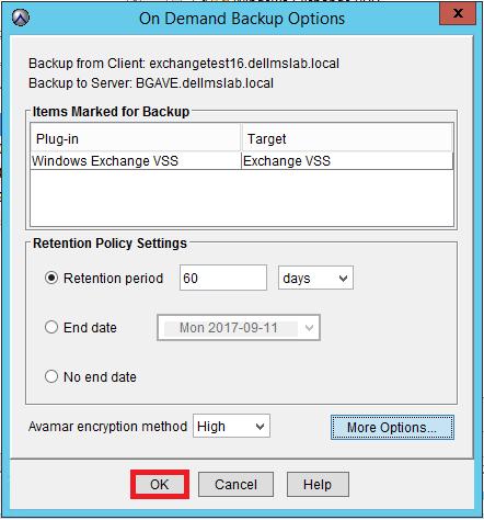 11. On the On Demand Backup Options dialog box, to start the backup process click OK.