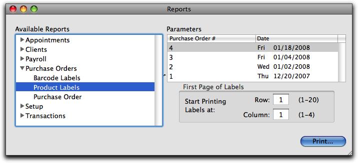 Printing Product Labels from a Purchase Order Prints one product label for each item on the selected purchase order that has Print Label checked on the product setup window.